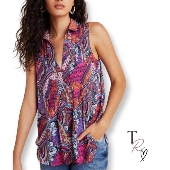 Anthropologie Maeve Whimsical Abstract Print Pintuck Sleeveless  Top Size Large - Picture 1 of 14